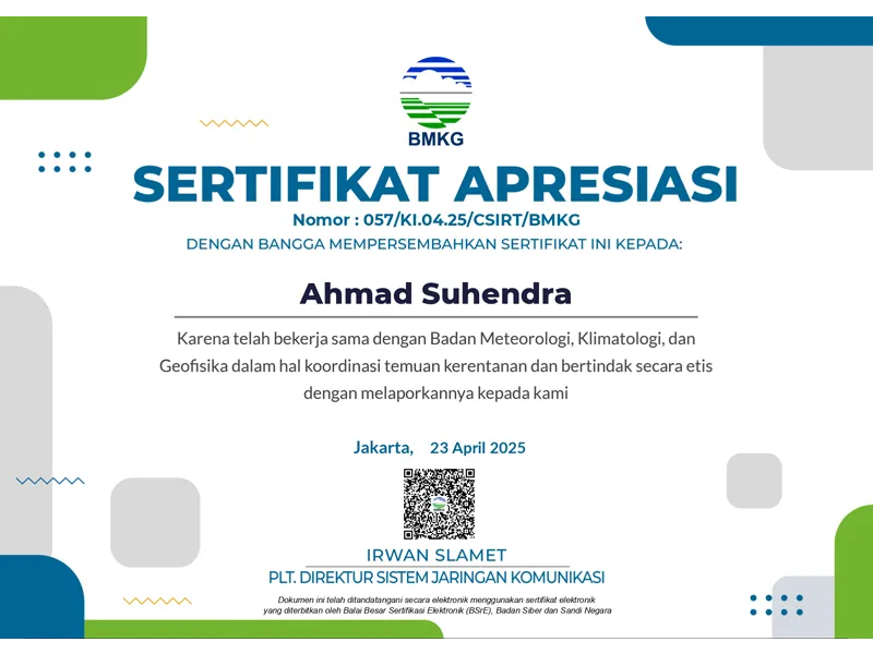 BMKG responsible disclosure recognition