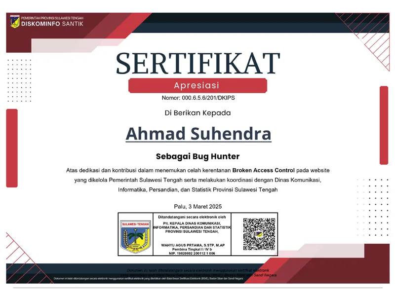 Central Sulawesi Provincial Government responsible disclosure recognition