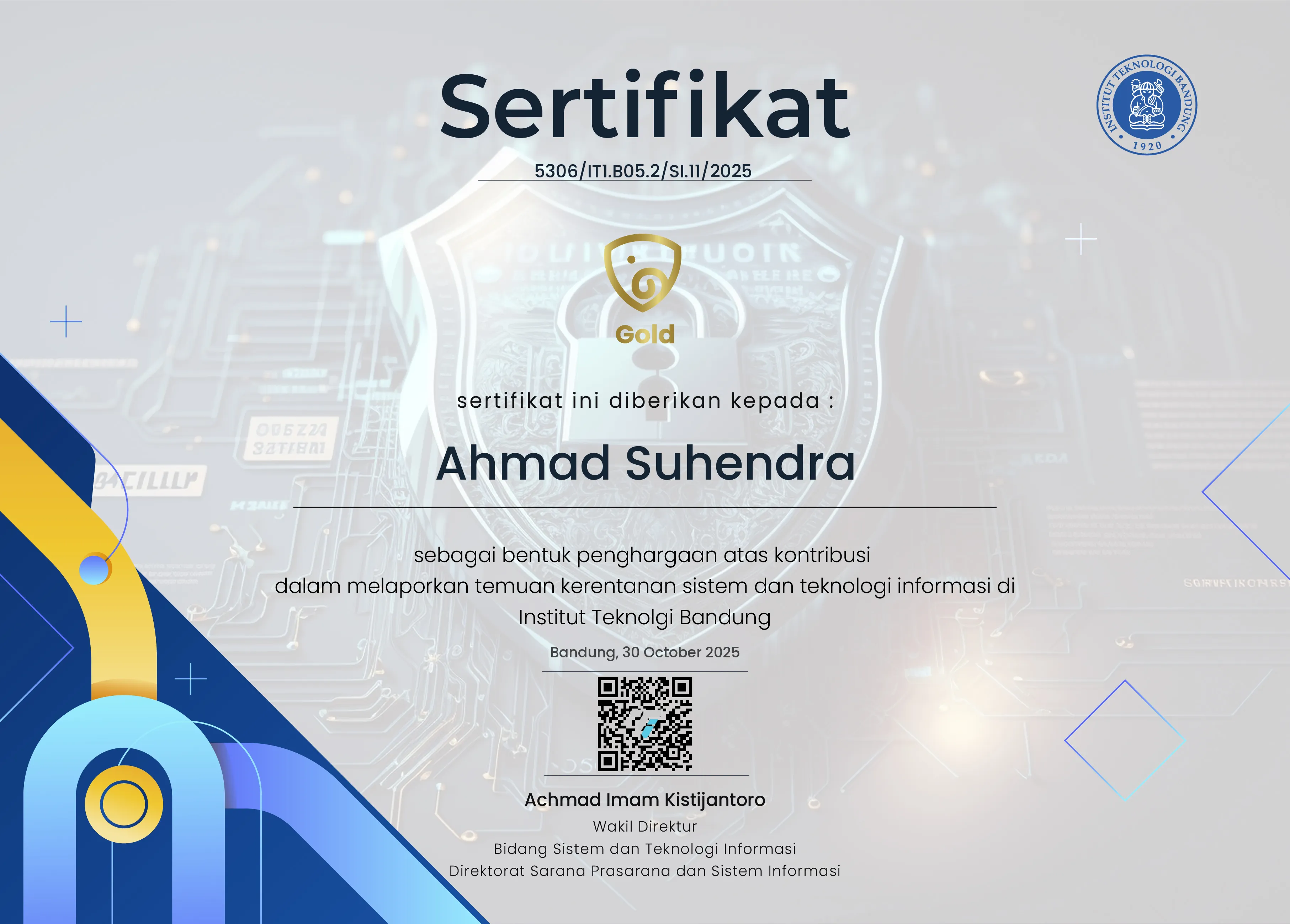 Institut Teknologi Bandung Gold certificate and logo
