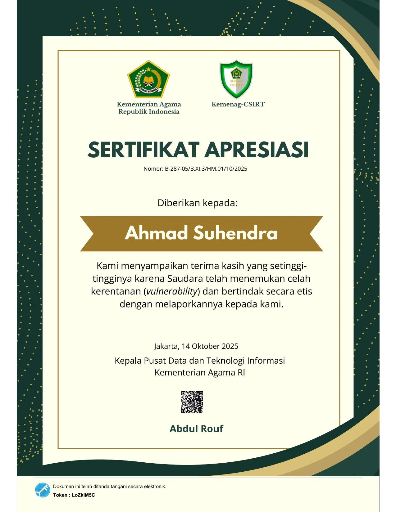 Kemenag-CSIRT certificate and Ministry of Religious Affairs logo