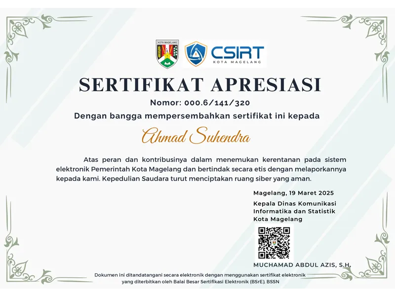 Magelang City Government responsible disclosure recognition