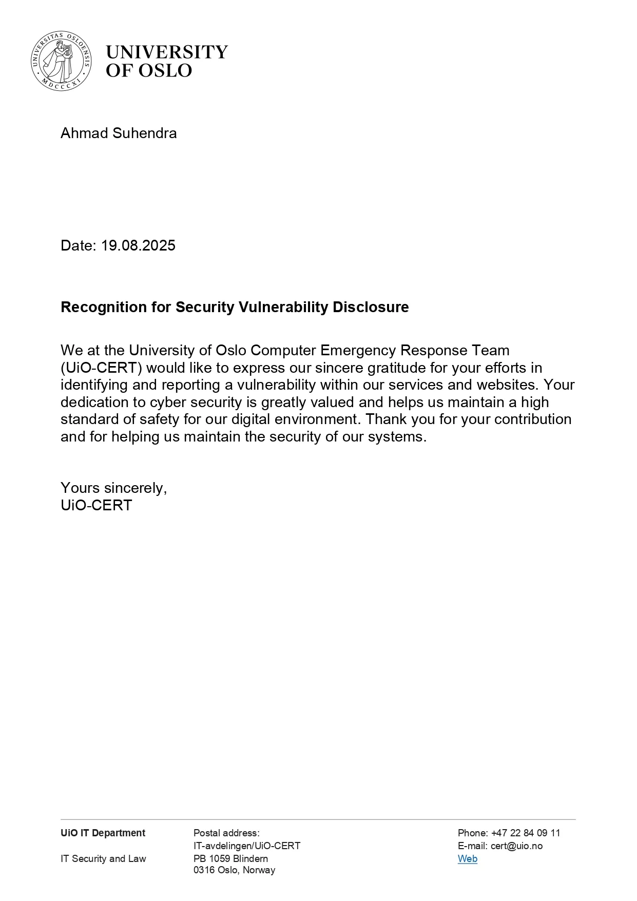 University of Oslo security recognition