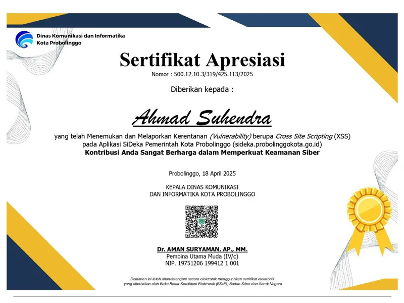 Probolinggo City Government responsible disclosure recognition