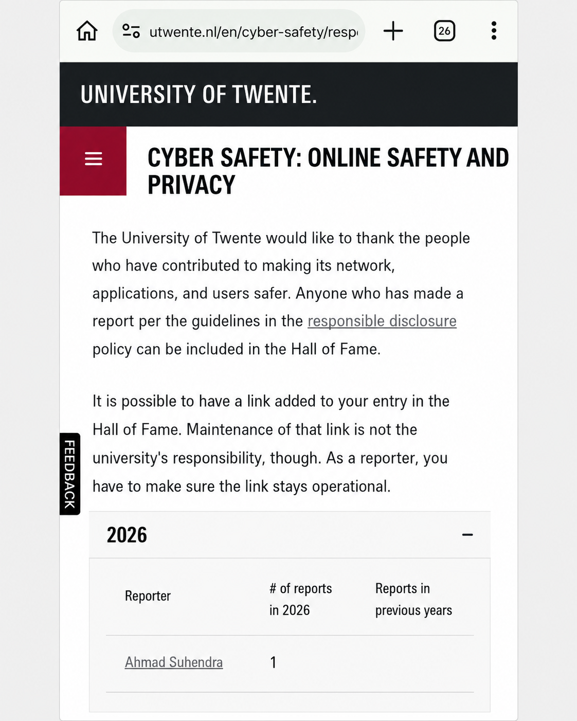 University of Twente Hall of Fame listing Ahmad Suhendra in 2026