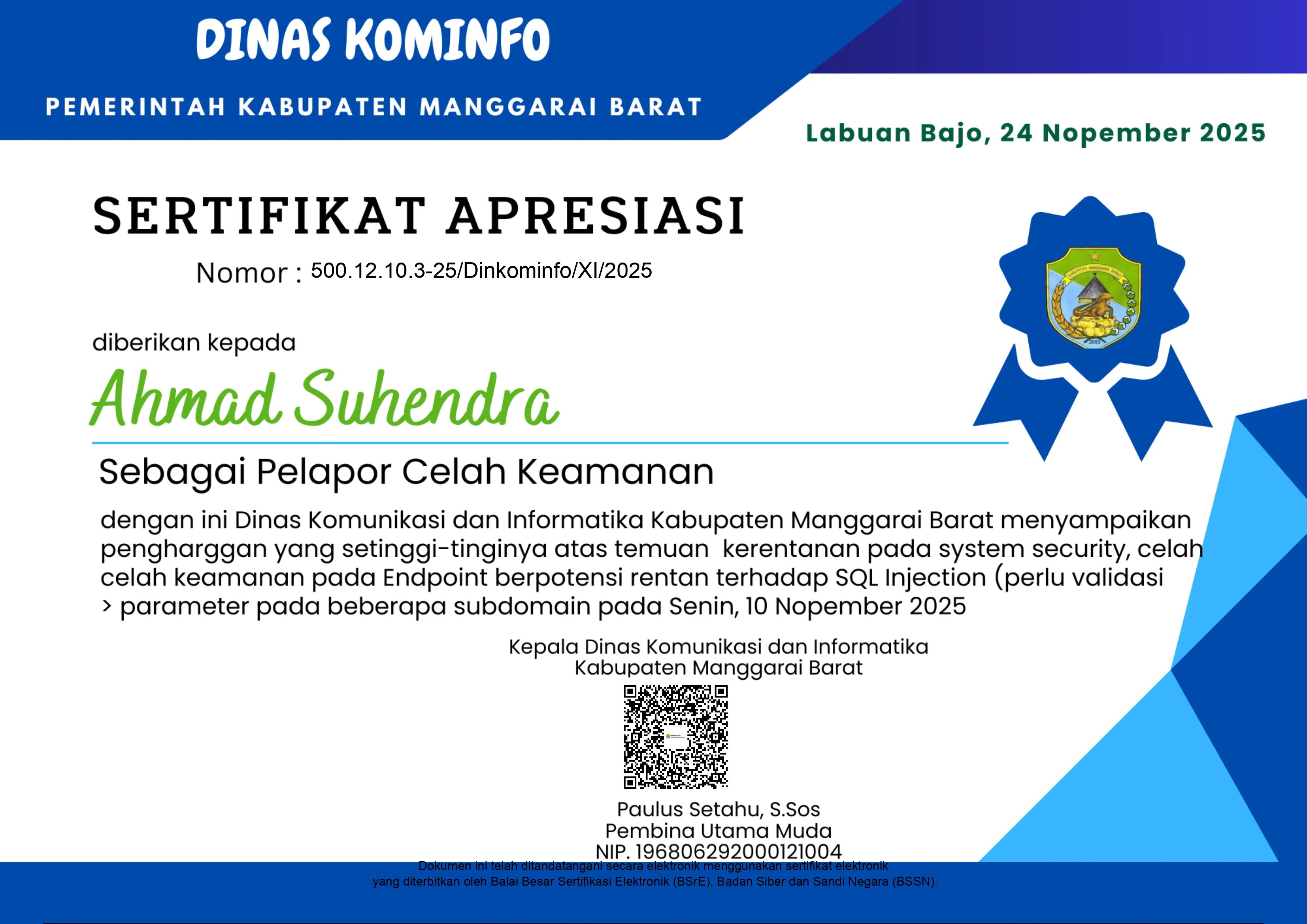 West Manggarai Regency Government certificate and logo